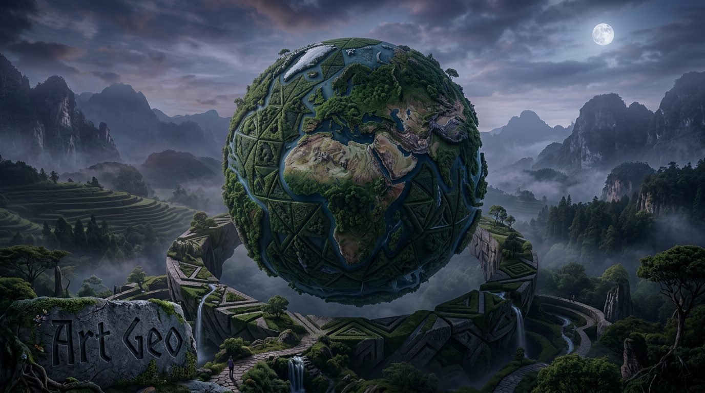 Sculpted geometric Earth rising over a moonlit valley