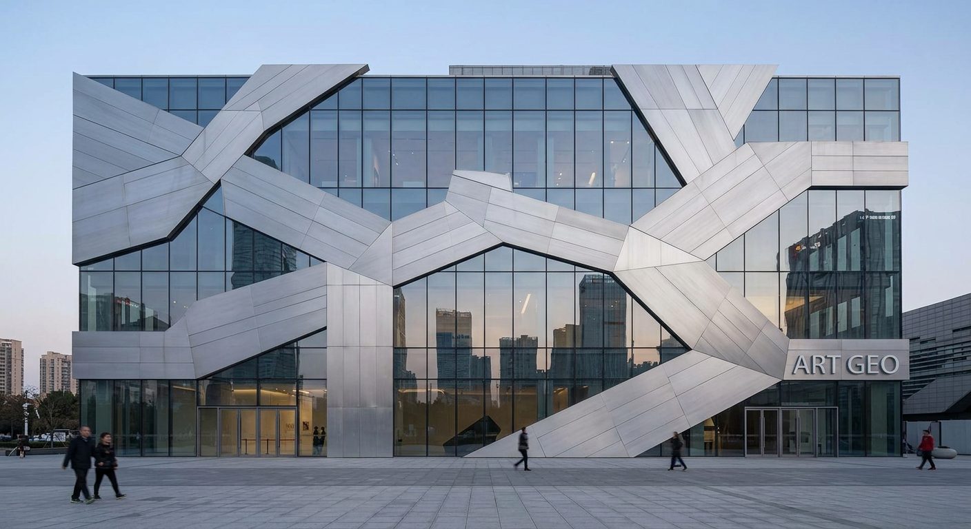 ArtGeo gallery pavilion concept with geometric facade