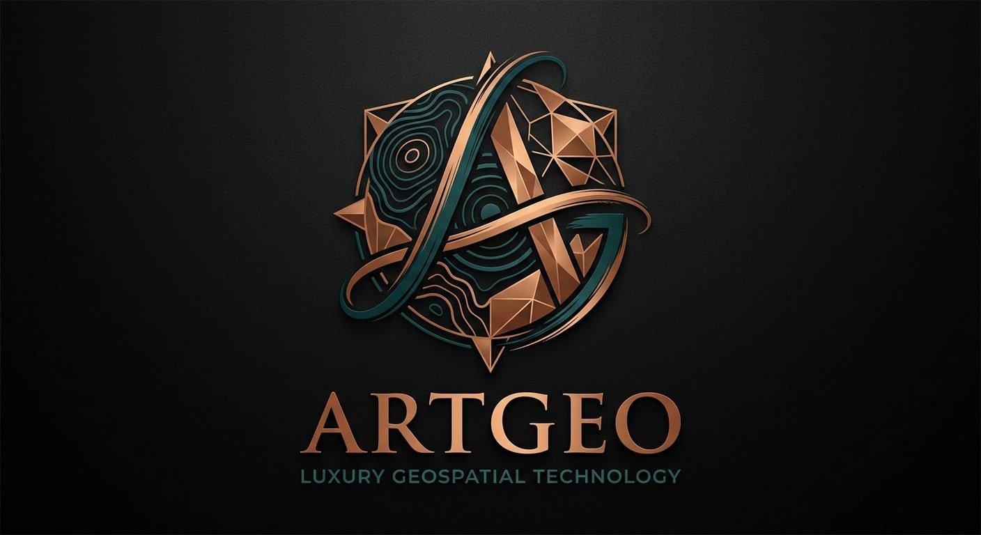 ArtGeo emblem: copper and teal compass monogram